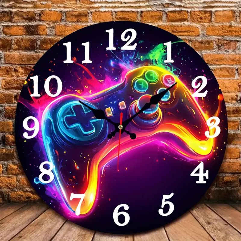 1 Neon Night Light Game Wall Clock Decorative, Creative Decorative Clock, 10inch Round Game Controller Design with Neon Light, Large Black Face and White Hands, Japanese Mechanical Movement (AA Batteries Not Included) - Suitable for Home Decor