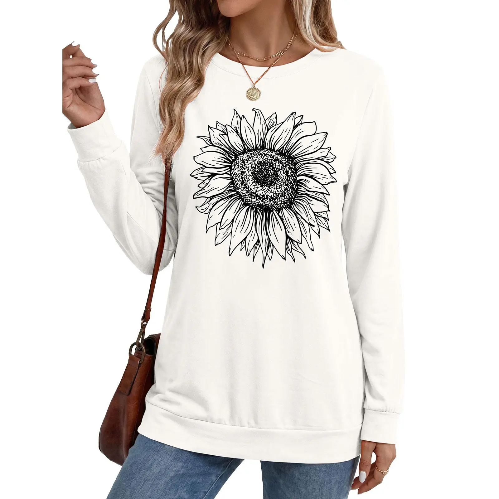 UNCLECAT Women's Longsleeve Casual Tunic Top - Crew Neck, Curved Hem, Graphic Design, Relaxed Fit, Machine Washable Clothes to Wear with Leggings, Longsleeves, Blouse