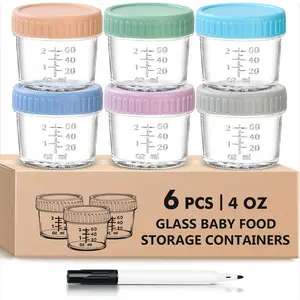 6 Pack Glass Baby Food Storage Containers 4 Oz with Airtight Lids Microwave Dishwasher Safe BPA Free Reusable Leak Proof Jars for Homemade Meals