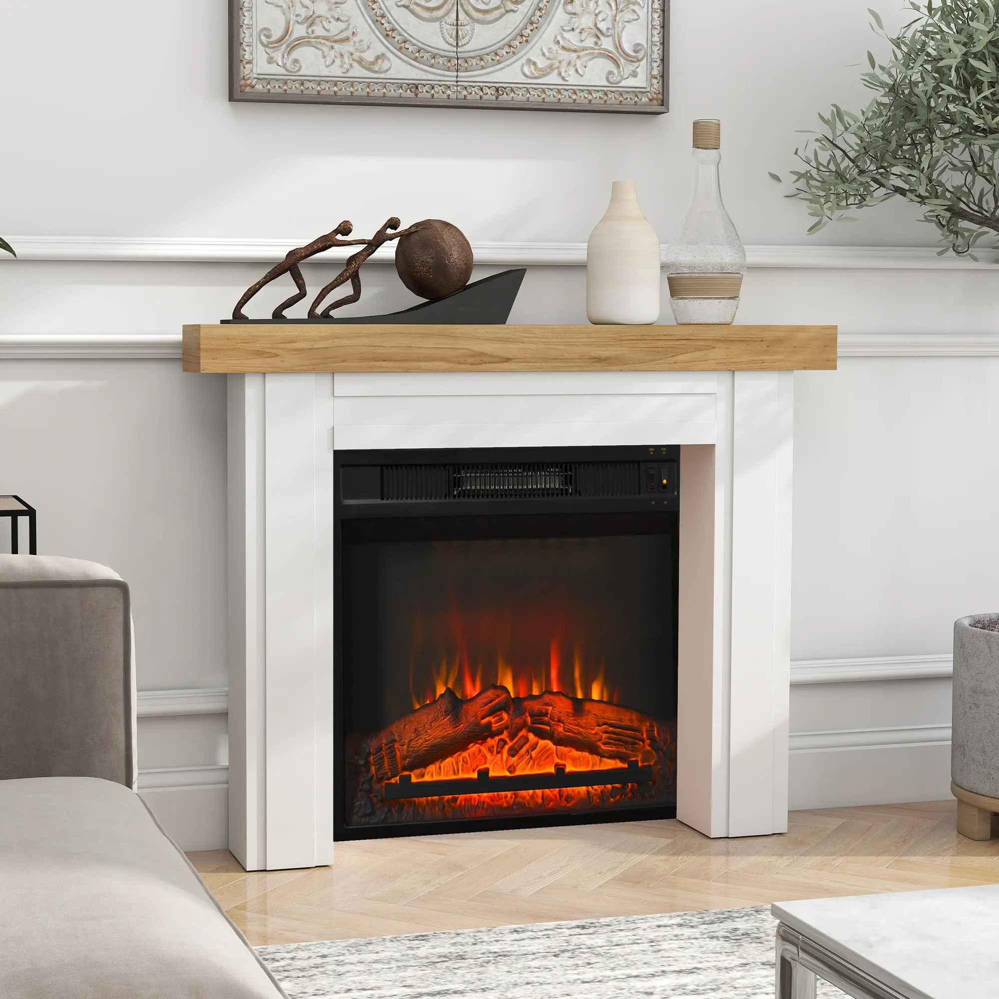 Modern Fireplace Mantel – Freestanding Fireplace Surround with Legs for Electric Fireplaces. 51.2"W x 7.1"D x 40.6"H. Natural Wood-Grain Top. 66 lbs Capacity. Anti-Tipping Kit