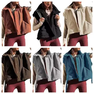 Women's Fuzzy Fleece Vest, Sleeveless Button Down Sherpa Jacket Outerwear Winter Warm Stand Collar Jackets