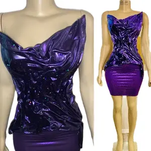 Purple resin draped corset top with fitted skirt
