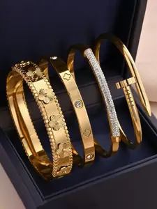 4 Piece Fashion Waterproof Titanium Steel Bracelet Set, Rhinestone Embellished, Plated, Elegant Jewelry Bracelet, Vintage Luxury Style