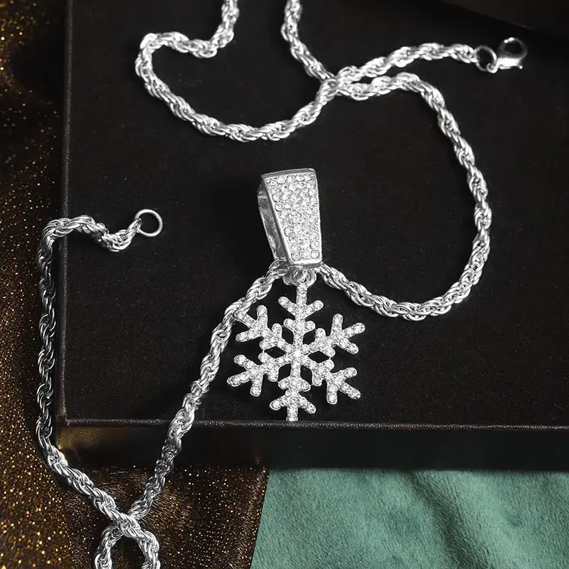 MaxBling81 Iced Snowflake Cubic Zirconia Gold-Silver Plated Charm Pendant Chain Link Necklace - 4mm Rope Chain, 18"-24" Long, Unisex Hip Hop Daily Jewelry (109G), Chain Link Necklaces