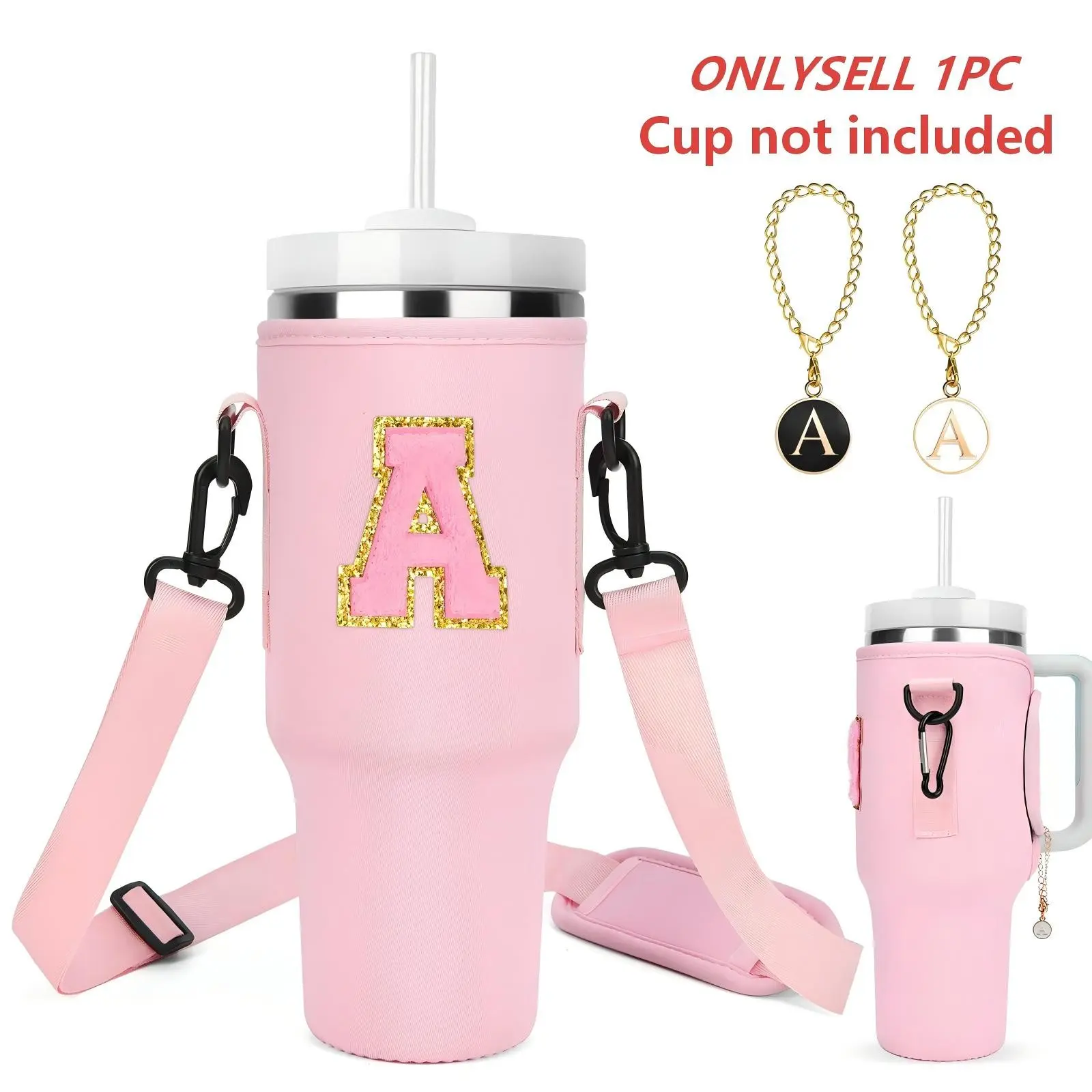 Water Bottle Holder Bag with Letter Charm, 1 Count Travel Water Bottle Carrier with Strap for Stanley Cup, Drinkware Accessories for Home Office, Tumbler