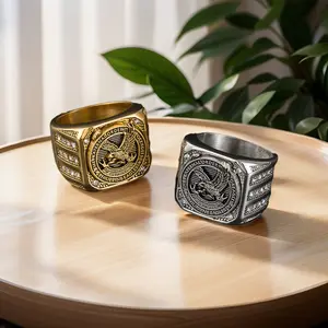Men's Hip Hop Retro Charm Rings - Stainless Steel Geometric Square, Flying Eagle Pattern, Titanium Beveled, Emerald-Cut, Marquise Halo, Witch Knot Stackable Cocktail Accessory with Protective Box (Christmas Gift)