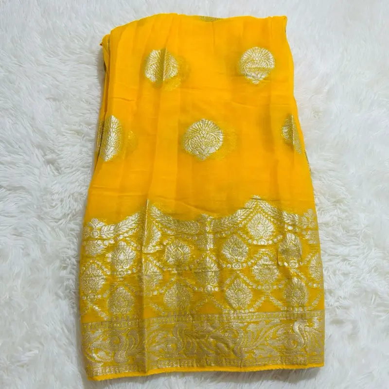 Georgette Viscos Saree Falls Picco Done with Jari Weaving Work Perfect for Haldi Yellow with Gold Accents