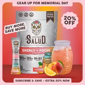 Salud 2-in-1 [Energy + Focus – Peach Lemonade] Clean Energy Drink Mix, Agua Fresca,  Organic Caffeine, B6 & B12, L-Theanine, Drink Packets, Non-GMO, Gluten Free, Vegan, Low Calorie, 1g Sugar (15 Servings)