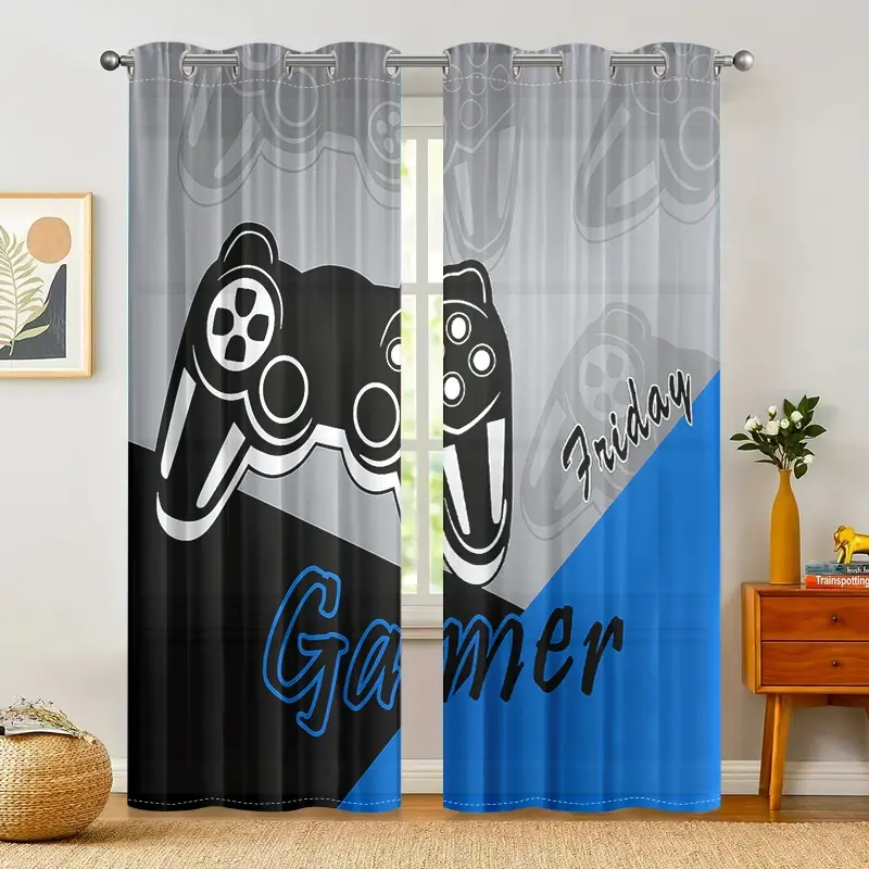 1 set of 2 pieces, game controller printed curtains, Window Curtain, Home Decorative Curtain, semi transparent polyester fiber, top perforated, suitable for home decoration curtains in living rooms, bedrooms, anti privacy, easy to clean