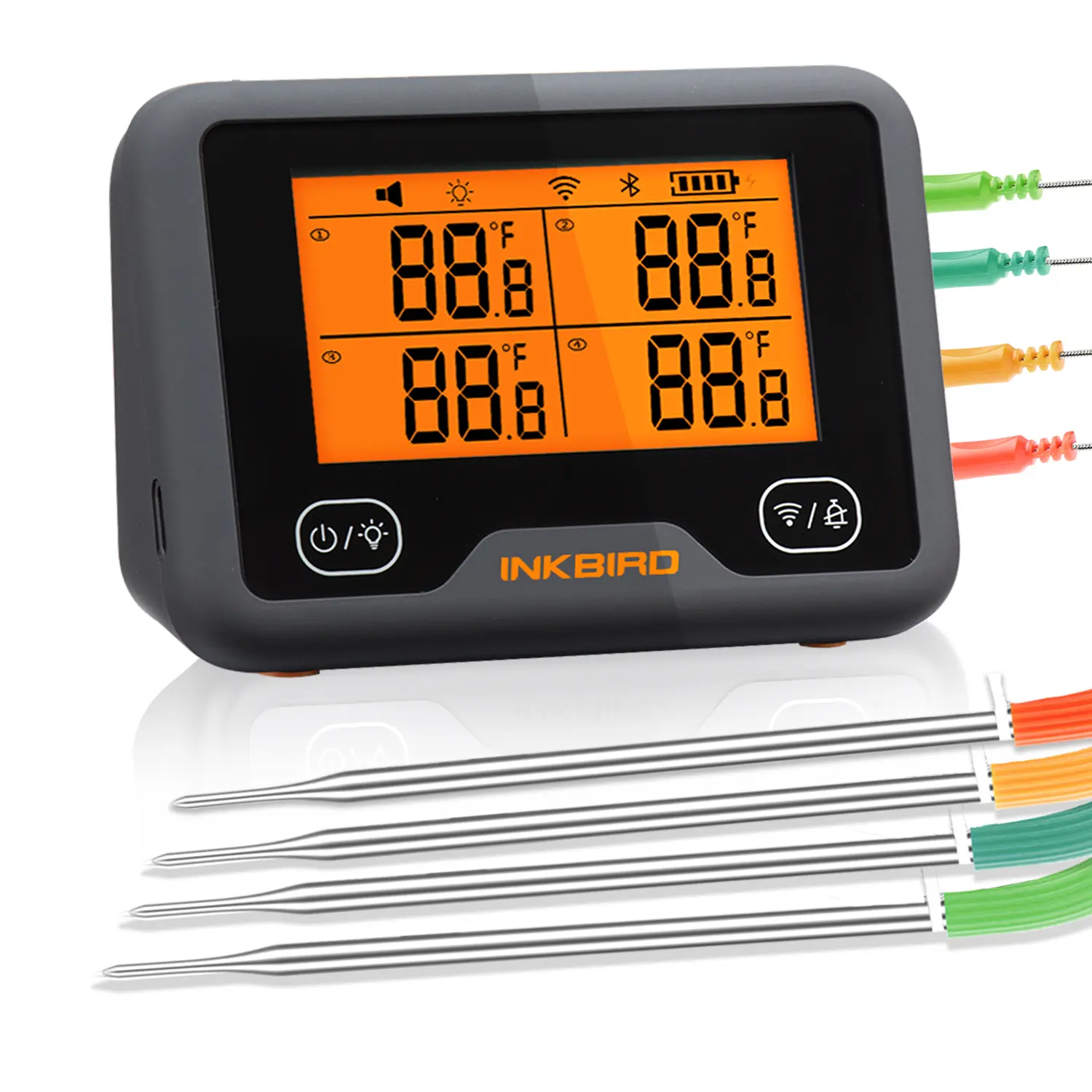 INKBIRD Wireless Digital Meat Thermometer - Bluetooth WiFi Smart Barbecue Thermometer with 4 Color Probes, 4 Probe Channels, Compact Design, Alarm Settings, WiFi Control, Kitchen Utensil (IBBQ-4BW) for Grilling,Wireless Meat Thermomete