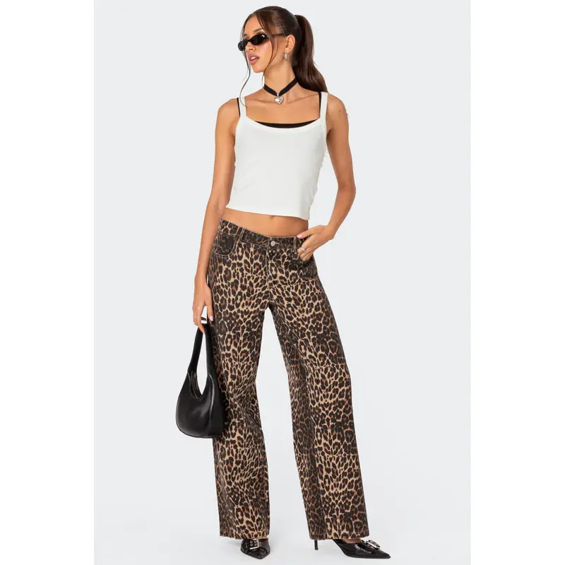 Leopard Printed Low Rise Baggy Jeans
