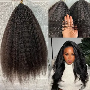 Kinky Straight Feather Crochet Human Hair Extension Yaki Wave Pre Separated Knotless Crochet Hair Micro Bundles With Loop For Reusable Boho Braids