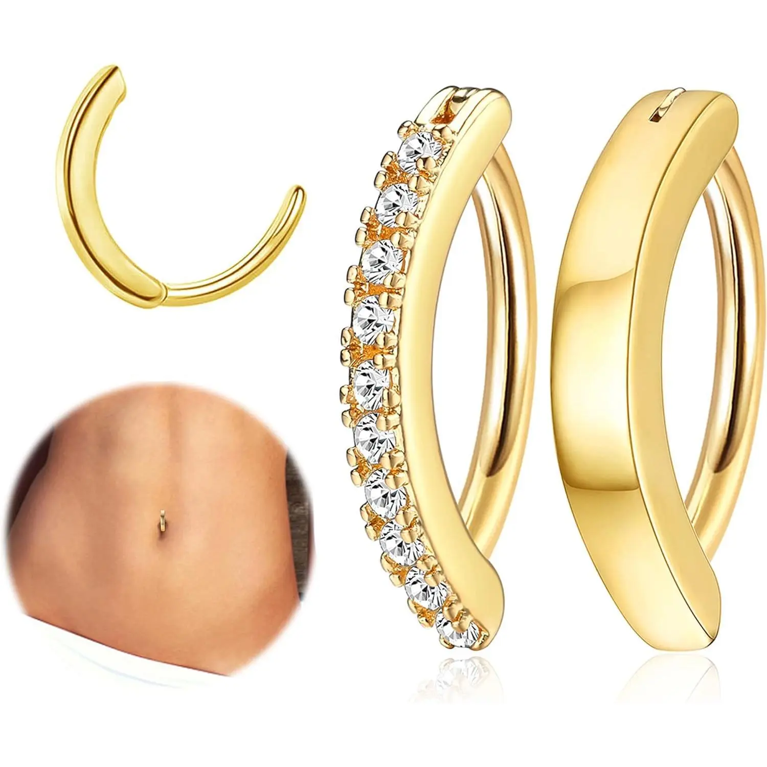 FLORIDECO 14G Durable Surgical Steel Belly Button Rings for Women, 2-Piece Elegant CZ Clicker Set for Casual Wear, Hypoallergenic, 10mm & 12mm