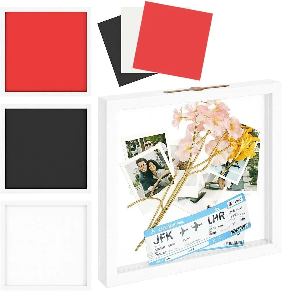 Travel Adventure Archive Shadow Box for Memories - 12x12 Inch Shadow Box Frame with Slots Travel Memory Keepsake Display Case for Tickets, Stubs & Postcards, Museum, Display Case Travel Frame，White
