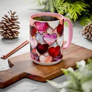 Colorful Heart Stained Glass Style Accent Mug, Romantic Coffee Cup, Anniversary and Valentine’s Day Gift for Her or Him, 15oz Ceramic Mug