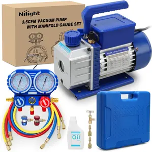 Nilight 3.5 CFM 1/4 HP 110V Single Stage AC Vacuum Pump & Oil-Included Manifold Gauge Set for Car AC R22 R404a R134a R410a, Automotive Refrigerant Recharging & Vacuuming Servicing Kit