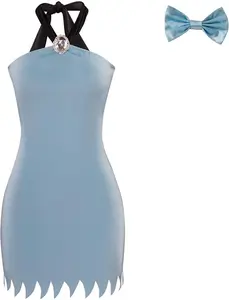 Women's Betty Rubble Cosplay Costume Sexy Halter Blue Dress with Bow Cavewoman Costume Halloween Outfit