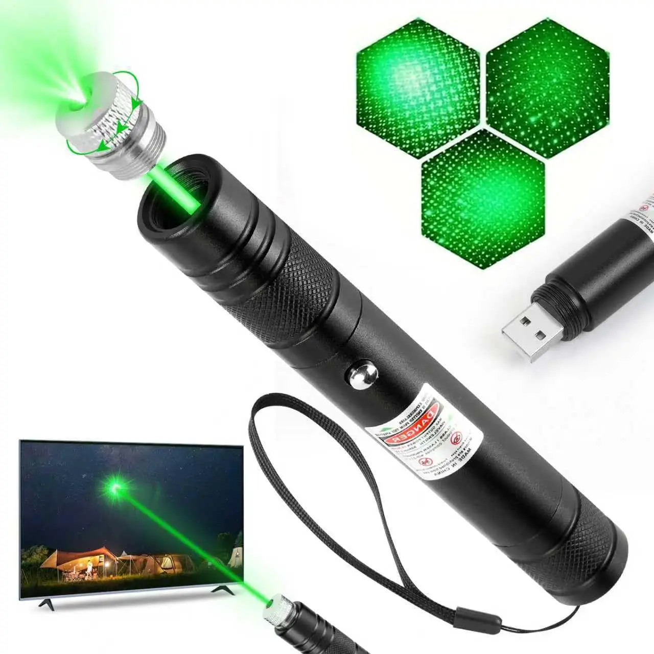 Green Laser Pen, High-Power Green Laser Pointer with Removable Star Cap, Long-Range Single Pinpoint Mode, Built-in USB Rechargeable for Cat Interactive Play, Presentations