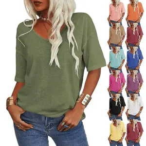 Imily Bela Women Fashion V-Neck Half Sleeves Oversized T Shirt Solid Casual Loose Basic Tops Fabric Summer Womenswear Lightweight Necklace Skinny Style Comfort Streetwear Spandex