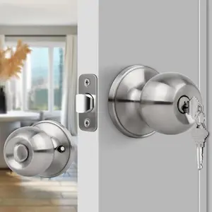 Keyed Entry Door Knob, Ball Design Doorknob for Interior Exterior, Reversible Round Door Lock for Front Entrance Doors, Stain Nickel