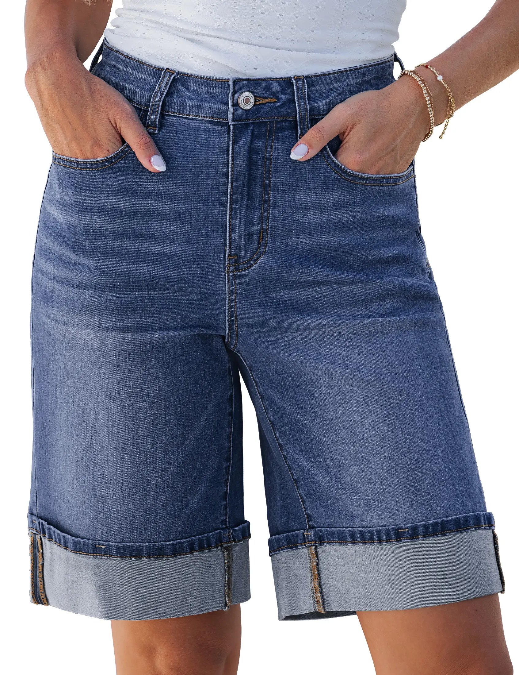 luvamia Jean Bermuda Shorts for Women High Waisted Knee Length Cuffed Long Stretchy Denim Shorts Loose Summer Jorts,back to school shopping