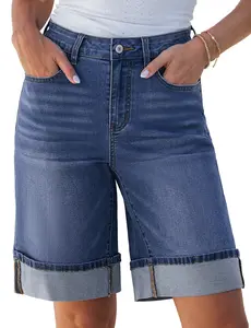 luvamia Jean Bermuda Shorts for Women High Waisted Knee Length Cuffed Long Stretchy Denim Shorts Loose Summer Jorts