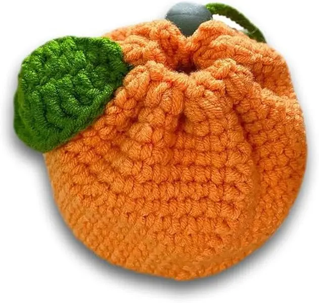 Playful Shape Tangerine Mini Handwoven Cotton Storage Bag - Crochet Drawstring Pouch for Travel Organizer, Item Storage, Jewellery, Coin, Earbuds, Daughters' Handmade Home Organizer Gift