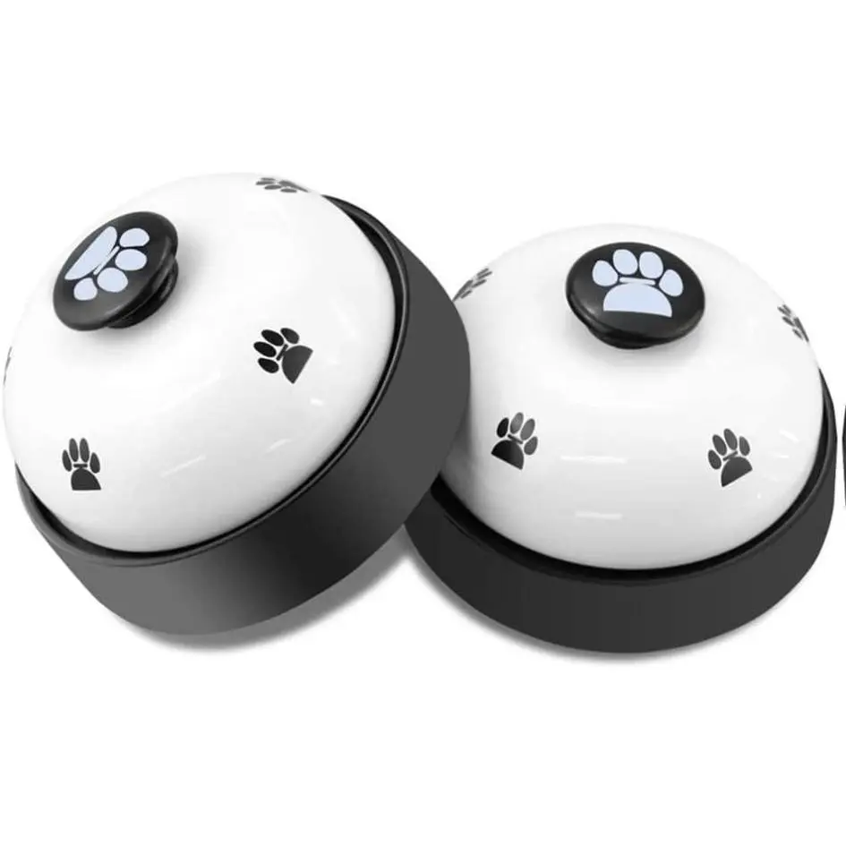 Dog Training 2 Bell Set - Small White Rust-Safe Metal Pawprint-Operated Pet Doorbell, Freestanding, Non-Skid Rubber Base, No Setup, Easy to Use, Plastic Component, for Potty Training, Outdoor Use