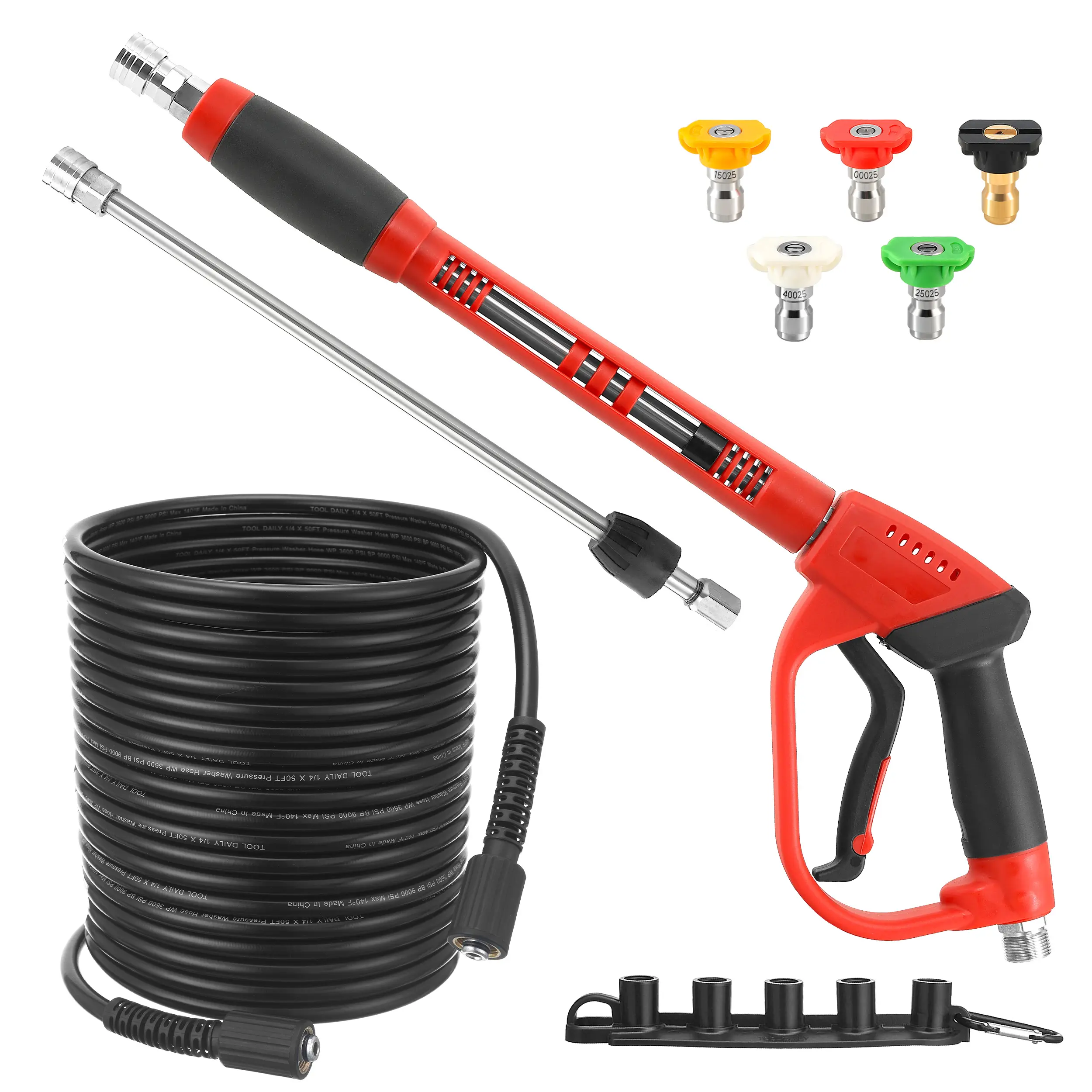 Tool Daily Heavy Duty Pressure Washer Gun and Hose Kit - 50 FT High Pressure Power Washer Hose, Replacement Wand Extension, 5 Nozzle Tips, M22-14 Fitting, 3600 PSI Handheld Accessory, DealsForYouDays, High Pressure Hoses
