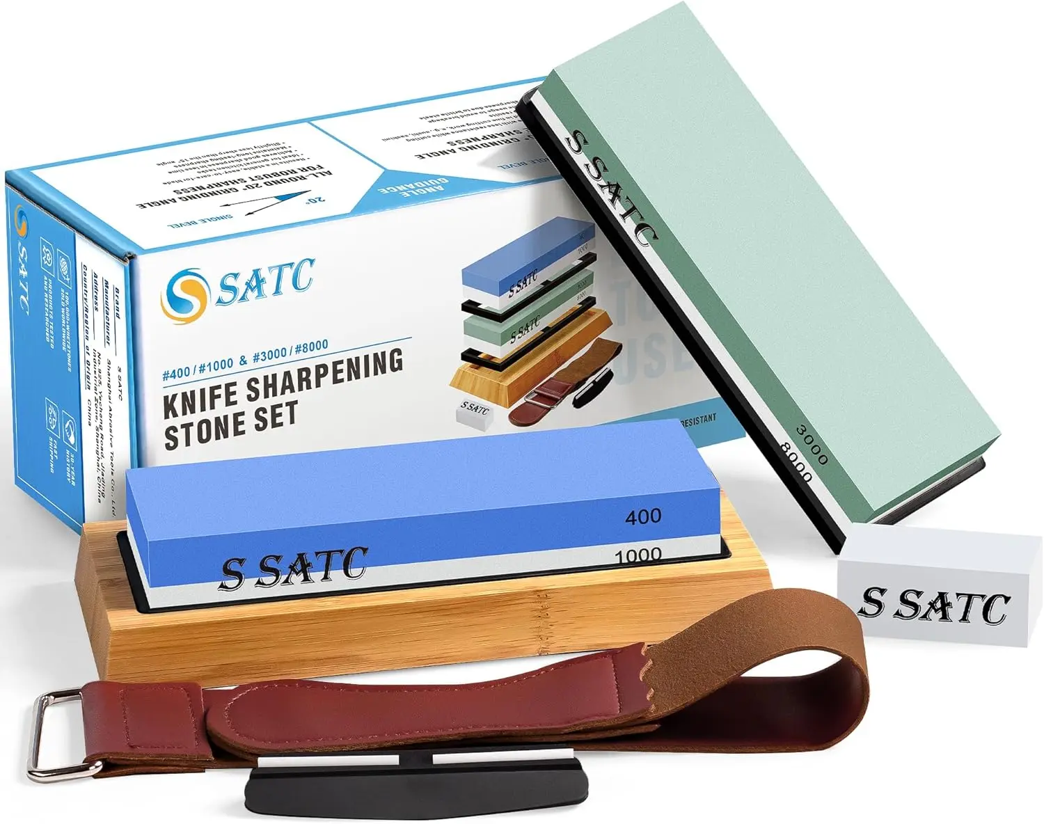Knife Sharpening Stone Whetstone 4 Side Grit 400/1000 3000/8000 Stone with Nonslip Bases, Wood Base, Flattening Stone, and Strop