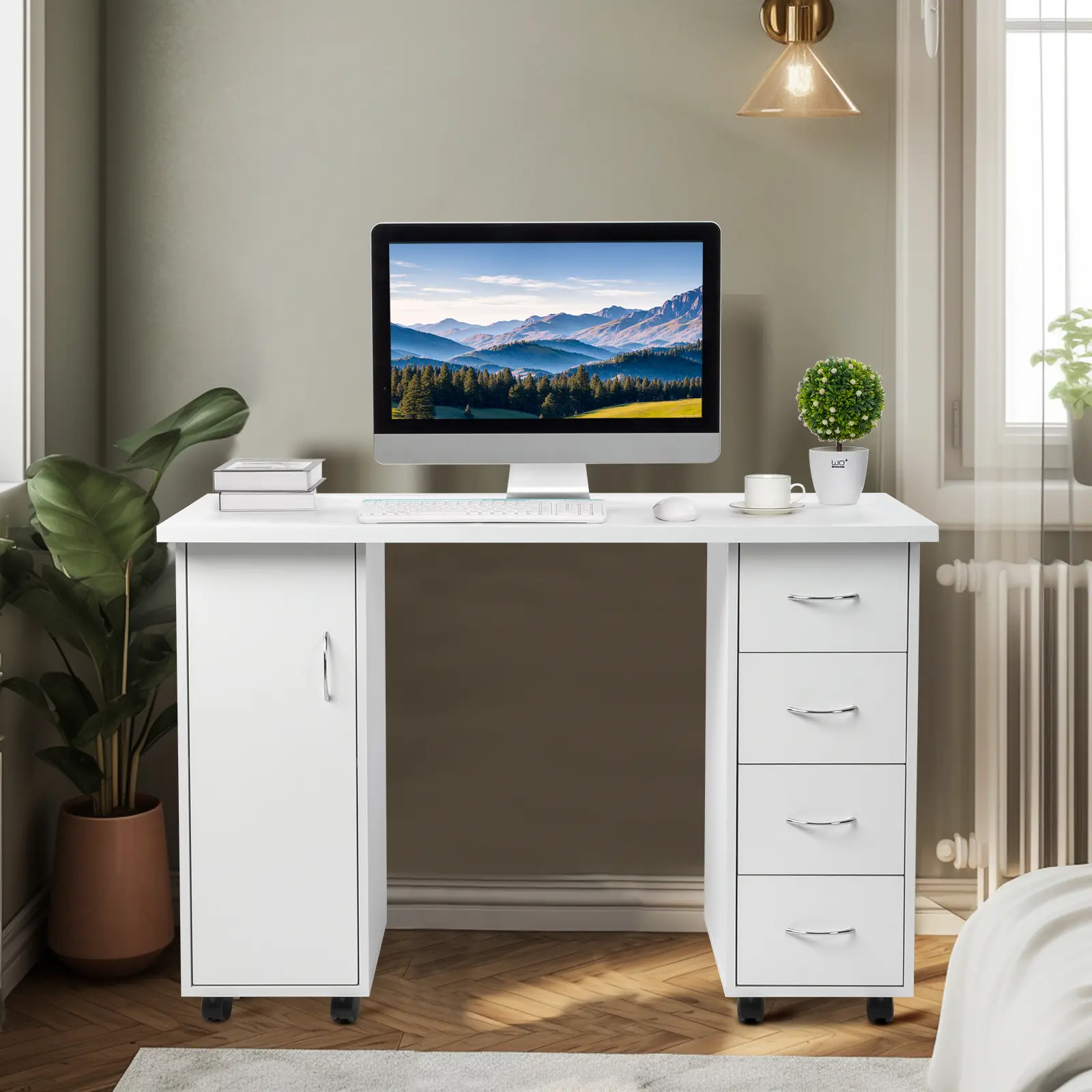 White Melamine Particle Board Manicure Table, Double Edged Design With 1 Cabinet And 4 Storage Drawers, Dual Use Nail Salon Workstation & Computer Desk