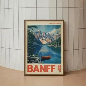 Banff National Park print, vintage Canada travel poster, Moraine Lake wall art, retro nature decor, mountain landscape, canoe artwork
