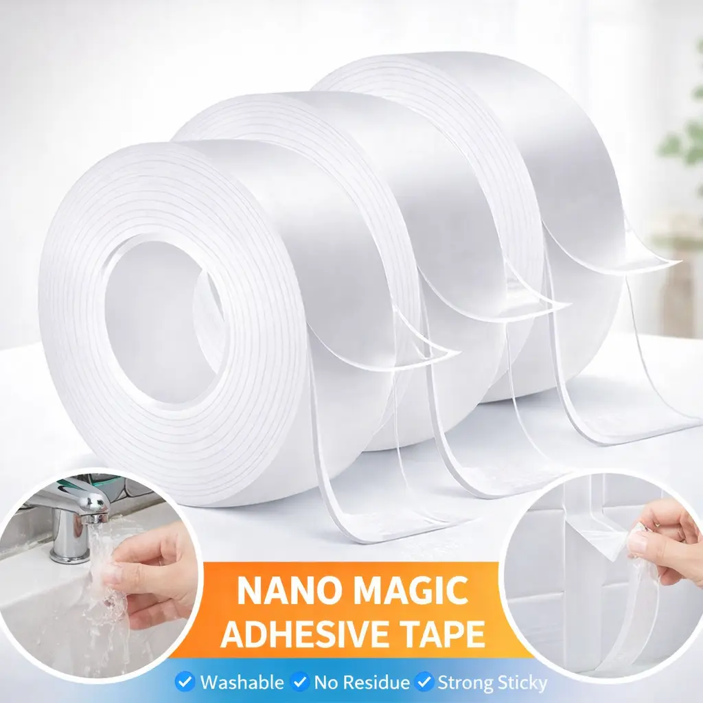 Heavy Duty Double-Sided Transparent Mounting Tape Roll, 3cm Width x 2mm Extra Thick (10.5Ft / 320Cm-31.5ft), Residue-Free, Stretchable, Washable Reusable, Easy Application, Precise Measurement for Hanging Pics, Indoor/Outdoor Glass/Metal Use, Adhesive Too