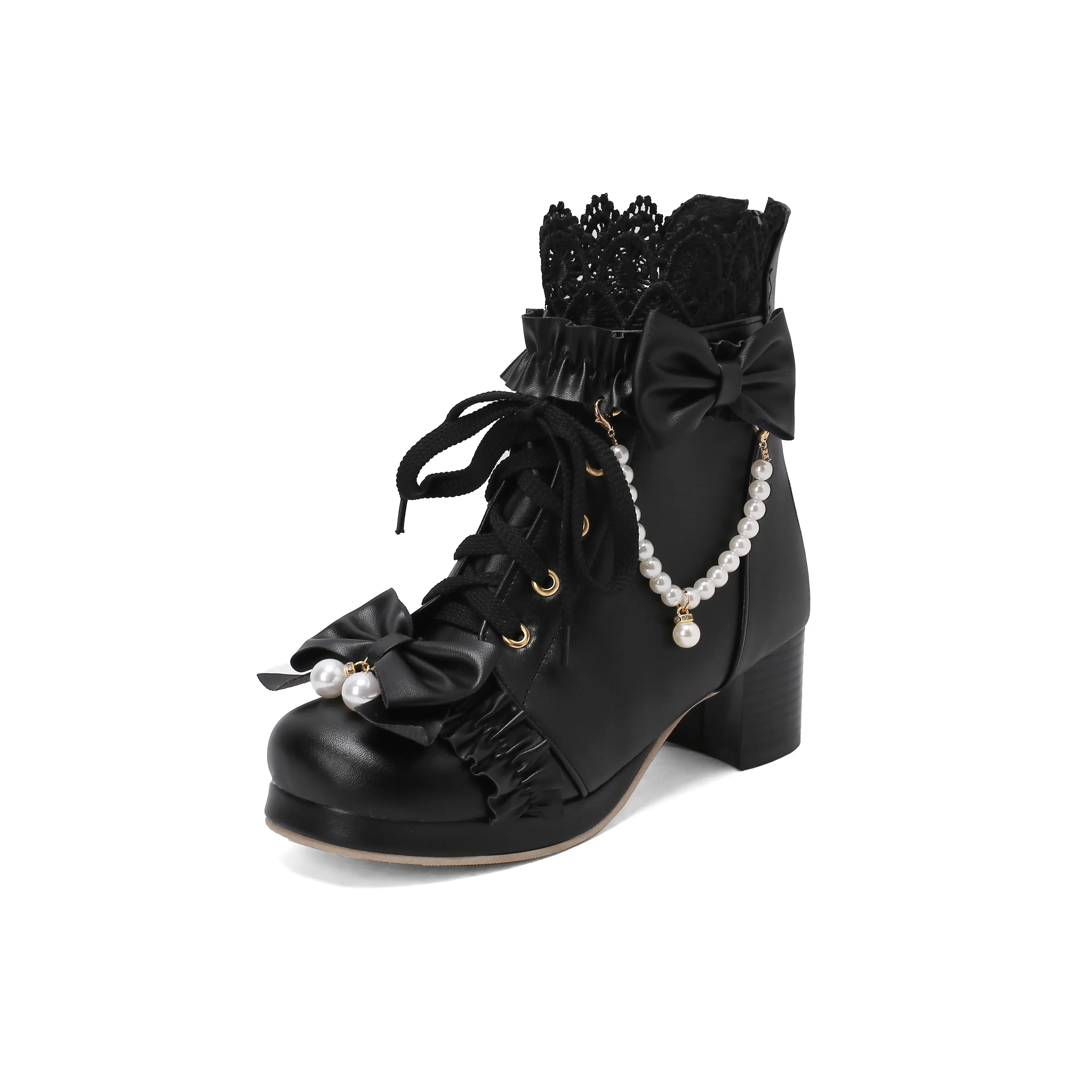 Women's Elegant Lolita Ankle Boots, Chunky Mid-Platform Lace Up Synthetic Shoes with Bow-Pearl Accents and Rubber Sole for All Season Walking, Walking Shoes, Footwear, Classic, Heeled Booties, Party, Chic, Pearls, Block Heel
