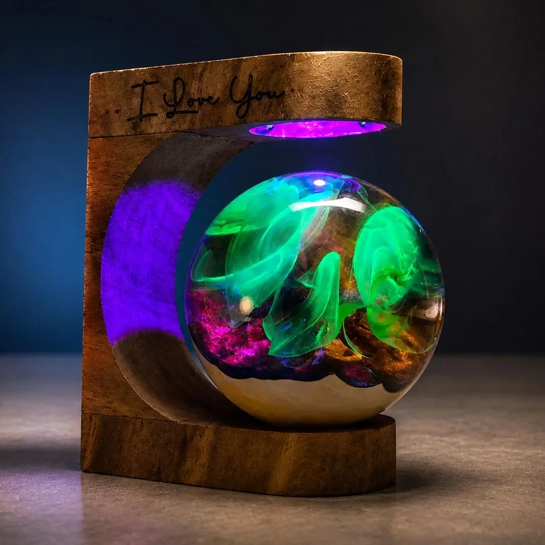 Handmade Resin Sphere Lamp, Epoxy Resin LED Night Light, Wooden Base Table Lamp, Artistic Resin Home Decor, Bedroom Ambient Light, Modern Desk Lamp, Birthday Anniversary Gift for Her Him