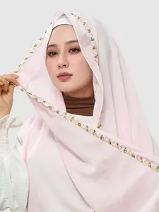 Women's Floral Eyelet Embroidered Hijab Scarf, Muslim Turban Design, Breathable & Comfortable Daily Wear, Geometric Plants Pattern