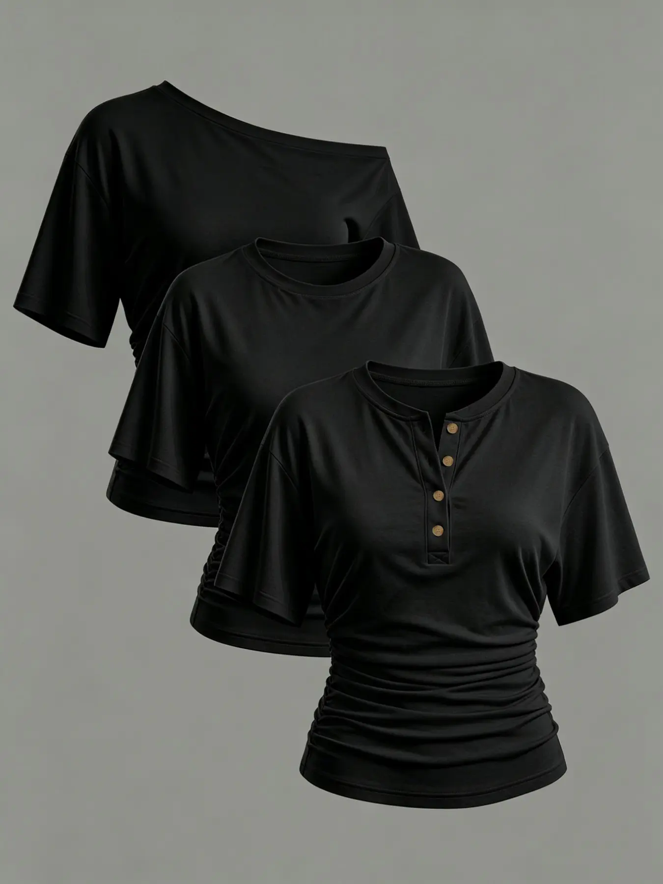 3-Pack Women's T-Shirts, Spring Summer Basic Casual Stylish Tee Tops, Slim-Fit Short-Sleeve Styles in Round Neck, Off-Shoulder and Henley, Multicolor Options, Minimalist Basic Tops