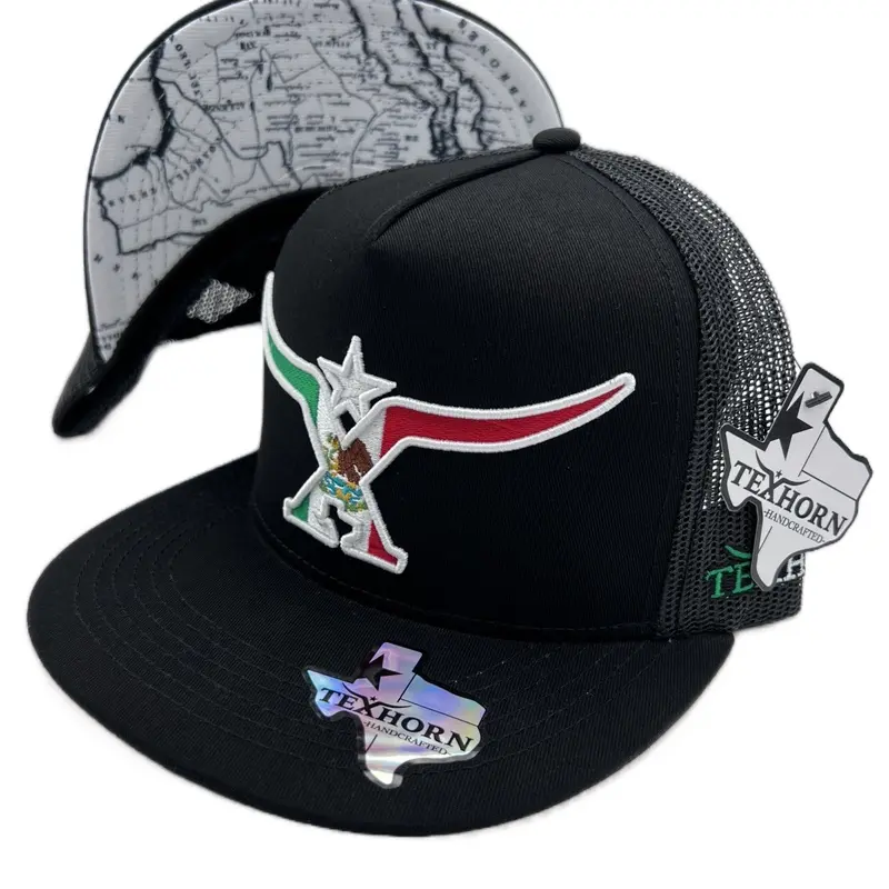 TEXHORN Cap - VILLA UNION Style, Black Mesh Back, Texhorn Logo Design, Mexico Map, Adjustable Fit