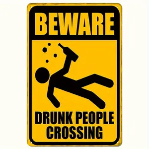 1Pc Tin Sign Set - Beware of Drunk People Crossing the Road, 9x12 Inches Metal Post, Funny Wall/Bar Decor, Drinking Themed Alcohol Gift