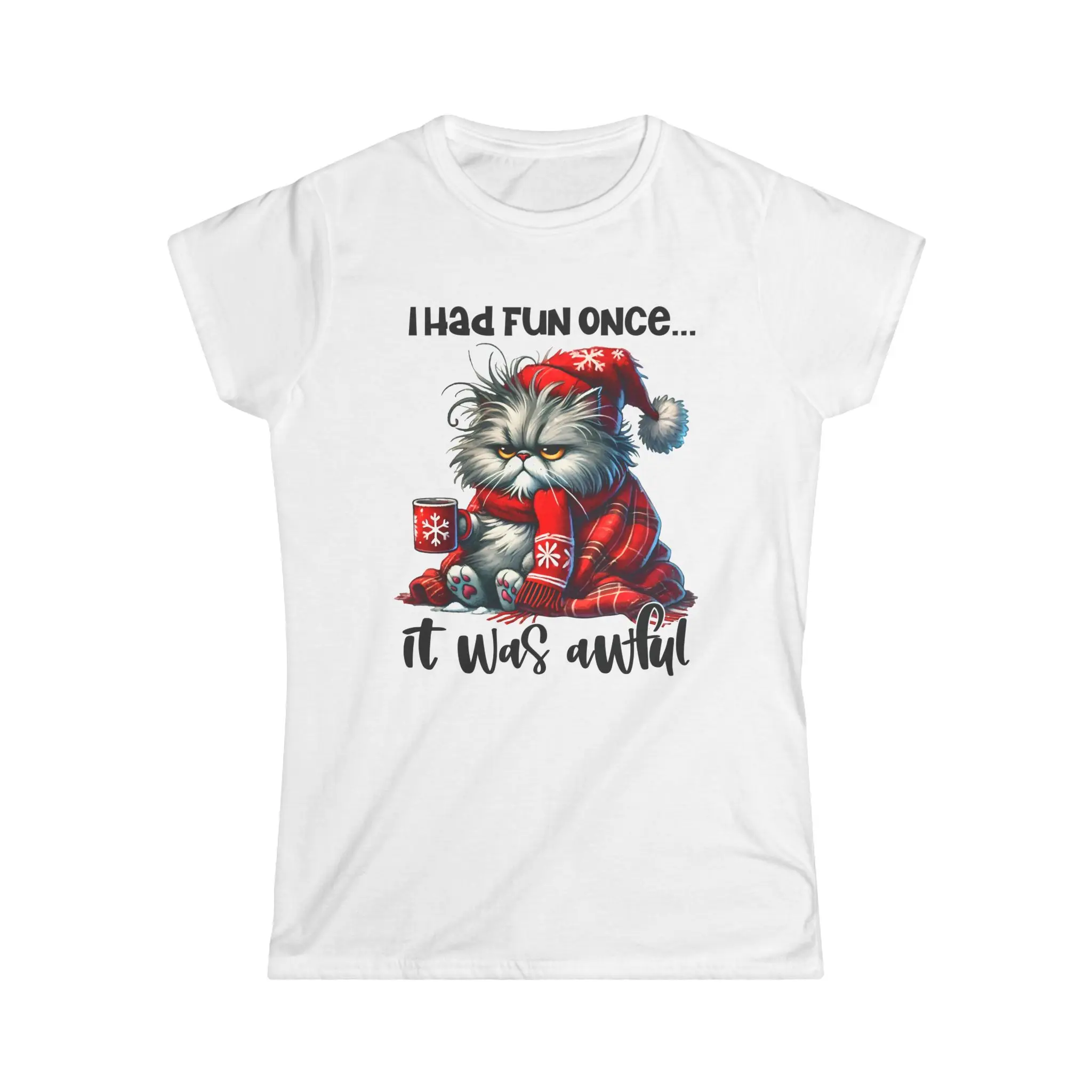 Grumpy Fat Cat Christmas tee, Bottom, Shortsleeve, Casual, Comfortable, Lady, Tshirt, Knit, Ribbed, Round Neck, Top, Women