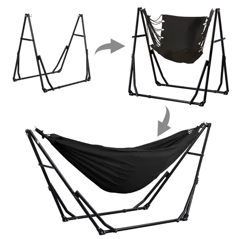 【Summer Outdoors】GDY Hammock Life Double Fabric Hammock Chair with Stand Black Max 350 lbs Capacity for Hammock Camping Outdoor Lounge Modern Aesthetic Design Minimal Portable Compact Easy Setup Carabiners Included