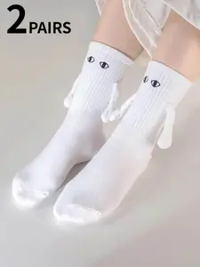 2 Pairs of Black & White Hand-in-Hand Mid-Calf Socks Bestie/Couple Must-Haves! Playful Hand-in-Hand Magnetic Socks Valentine's Day Gift / Bestie Present 3D Adorable Mid-Calf Puffy Socks Instagram-Worthy Style