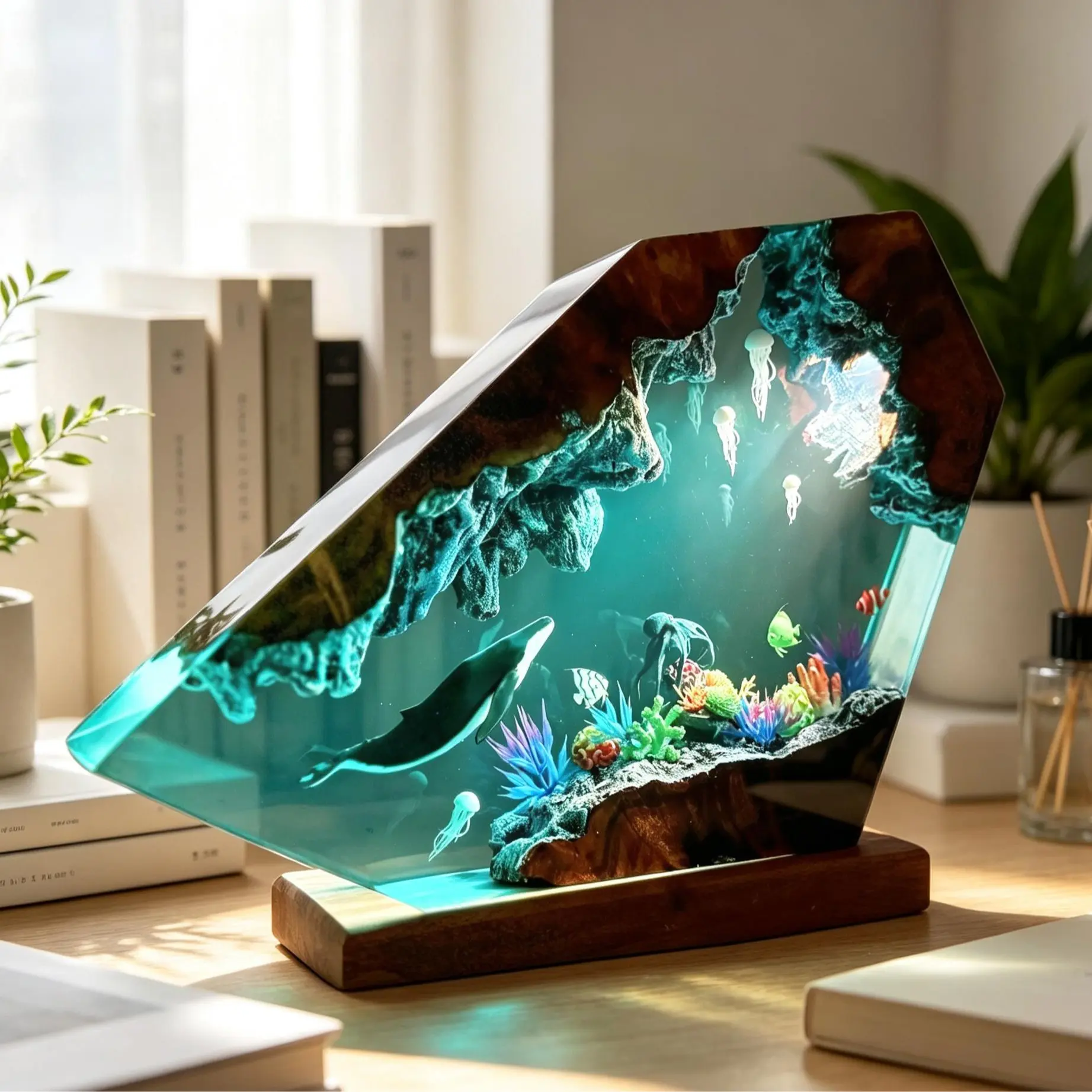 Handmade Ocean Epoxy Resin Night Light - Humpback Whale,Jellyfish,Coral Underwater Art Lamp with Solid Wood Base,Dimmable LED Ambient Lighting,Single Unit Interior Lights,Jellyfish Lighting for Bedroom Decor,Gift for Marine Life Lovers, Compact Sizes
