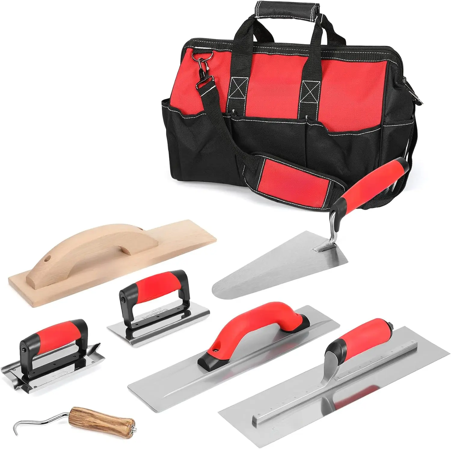 8 Pack Masonry Hand Tool Kit, Finishing Trowel Gauging Trowel Groover Edger Alloy & Wood Float Wire Twister with Storage Tool Bag