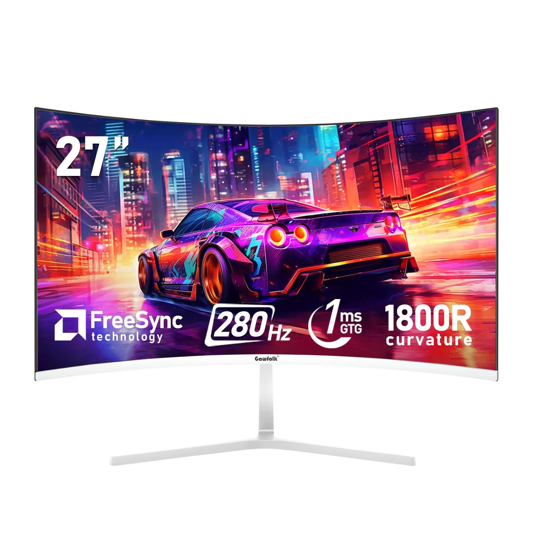 Gawfolk 27 Inch PC computer screen,1800R Curved Gaming 280Hz Monitors, FHD1080p 1ms without Bezel, freesync, 98%sRGB,178 ° Angle View HDMI DisplayPort, Compatible with Wall-Mounted VESA100*100MM-White