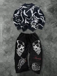 Men's Fashion Casual Two-Piece Set, Soft Lounge Sets, Soft Comfortable Round Neck Sweater and Skull Print Drawstring Wide Leg Pants, Spring Fall Winter Wear