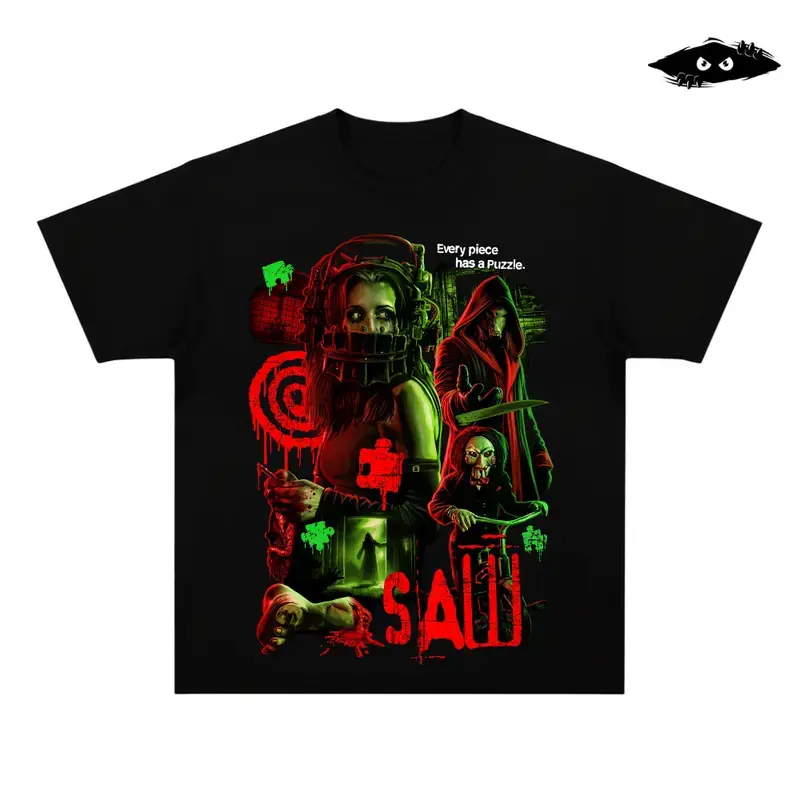 Women's Vintage Horror Saw Puzzle Jigsaw Trap Killer Fan Merch Oversized T-Shirt - Breathable Soft Heavyweight Cotton, Unisex Wrestling Retro Halloween Gift Casual Layer Top