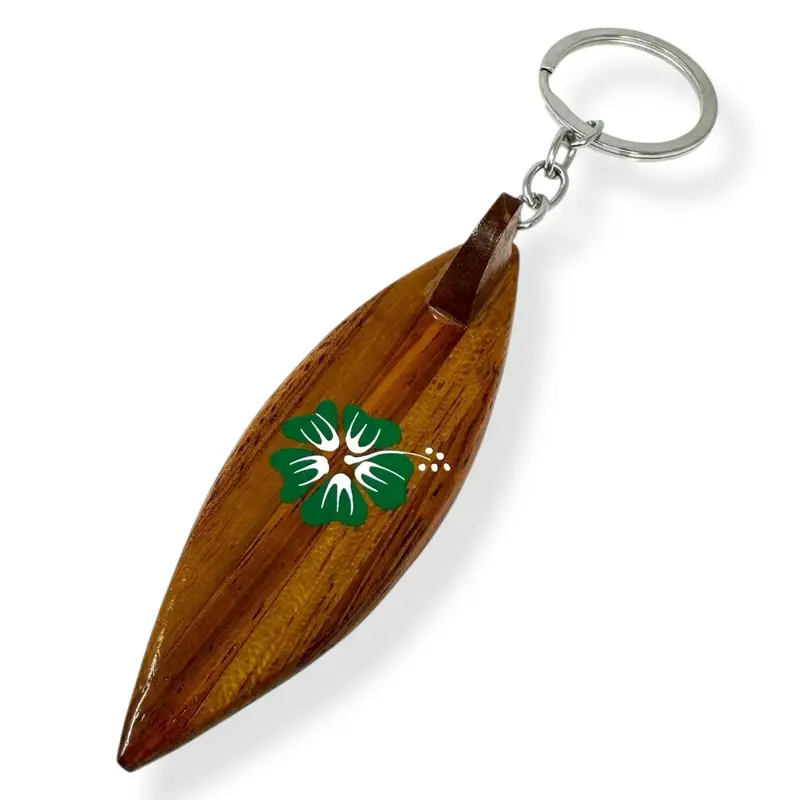 Hawaiian Flower Wooden Surfboard Keychain Green Floral Beach Key Ring Purse Bag Accessory