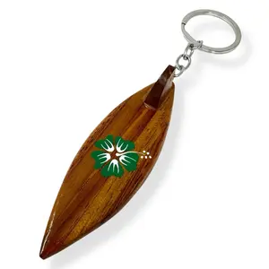 Hawaii Flower Wooden Surfboard Key Chain Key Ring with Green Floral Design and Durable Metal Ring