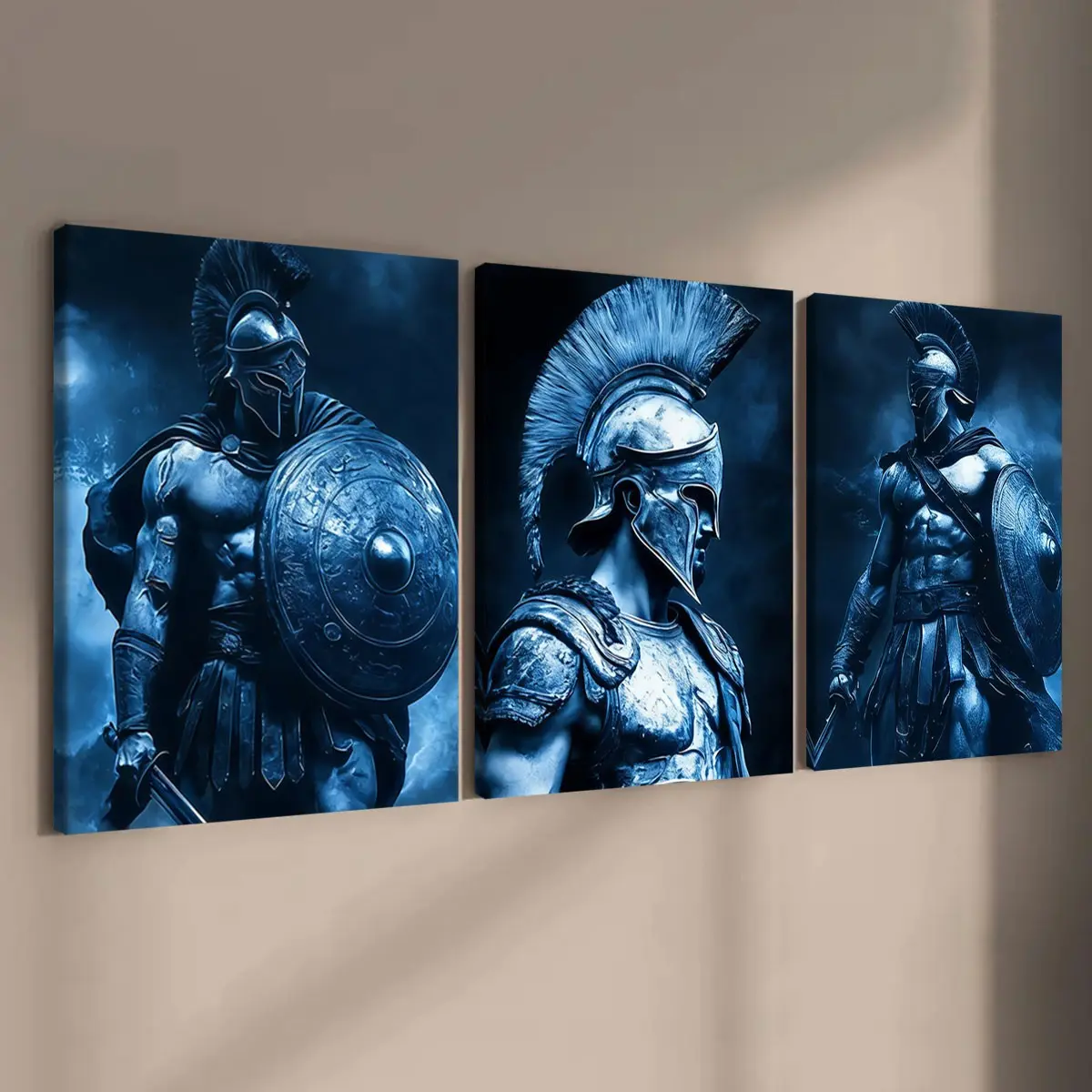 3-Piece Solid Wood Frame Canvas Art, Spartan Warrior Theme Poster, Greek Warrior Gaming Room Decor, Modern Home Wall Decoration